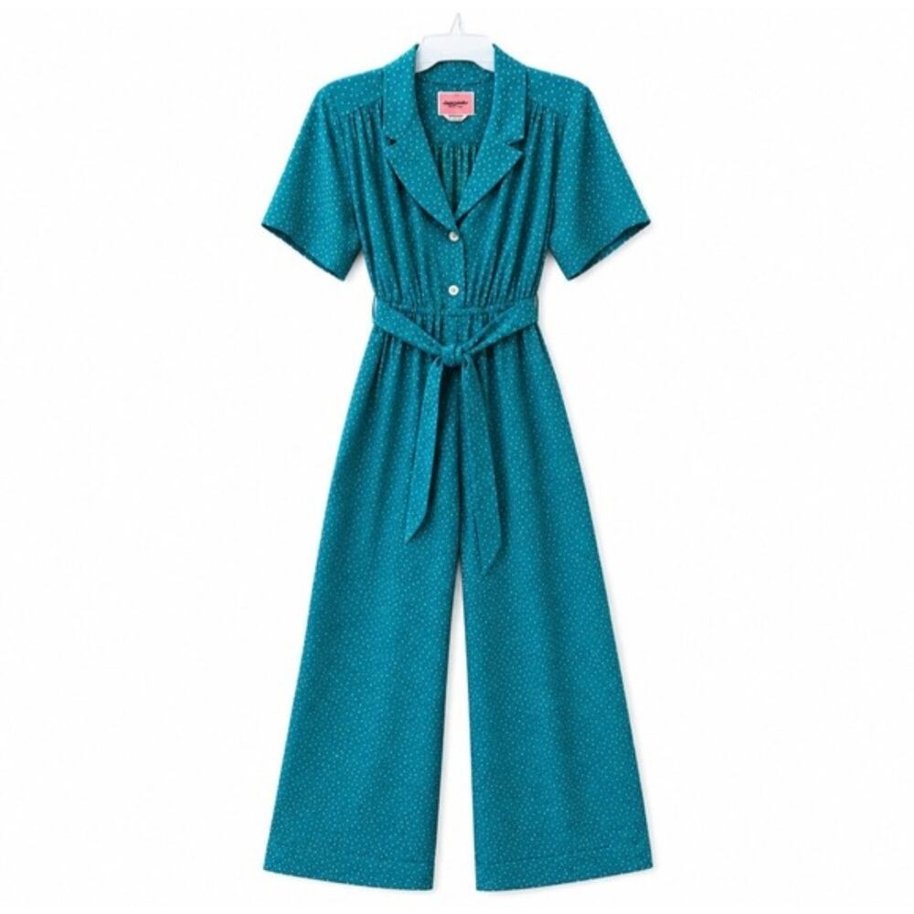 Kate Spade Poolside Dot Jumpsuit Emerald Green Pink Wide Leg Crop Belt Small 4 - Picture 2 of 11